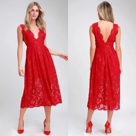 Lulus Dresses Lulus Loft Party Red Lace Sleeveless Midi Dress Size Medium Poshmark